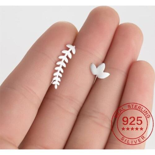 Real 925 Sterling Silver Asymmetrical Ear Studs Women Fashion Branch Leaves Earrings Piercing Ear Climber Wedding Jewelry Gifts