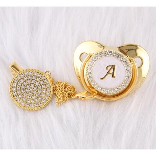 Bling Bling Luxury Golden 26 Initials Rhinestones Baby Pacifier With Clip Chupete Sucette Infant Dummy Nipples Baby Shower Gifts