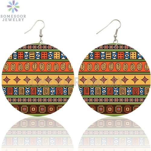 SOMESOOR Colorful Bohemian Afro Fabric Digital Wooden Drop Earrings Both Sides Printed Black Traditional Pattern For Women Gifts