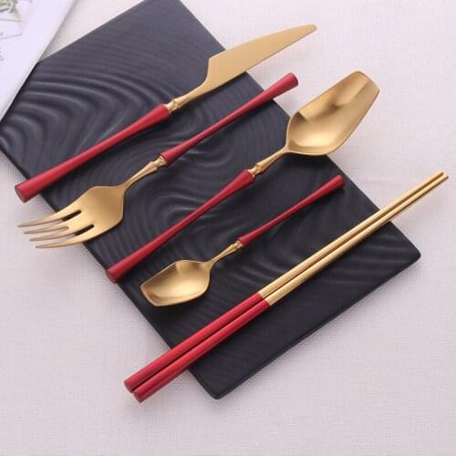 Red Gold Plated Cutlery Dining Knives Forks Teaspoons Fashion Dinnerware Engraving Tableware