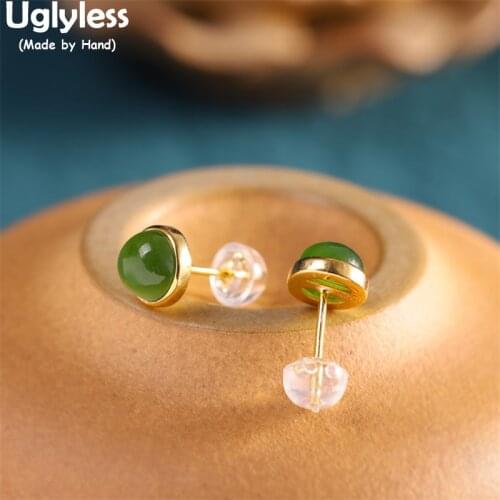 Uglyless MINI Studs Earrings for Women Natural Jasper Classic Daily Dress Earrings Gold Real 925 Silver Brincos Bijoux Gems