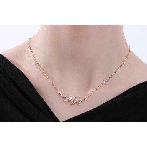 Fashion Zircon Branch Leaf Necklaces For Women Lover Gold Silver Color Stainless Steel Chain Female Pendant Necklace Jewelry