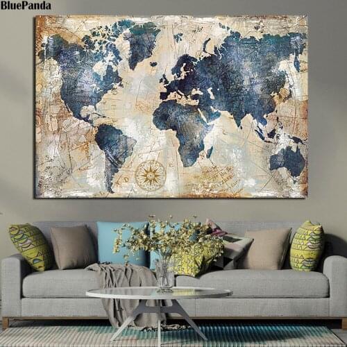 Blue World Map Vintage Poster Minimalist Art Canvas Print Wall Picture Modern Home Room Wall Decoration