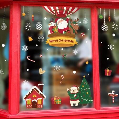 Hot Air Balloon Christmas Wall Decor New Year Window Decoration Lovely Snowman Wall Stickers PVC Vinyl Wallpaper Waterproof