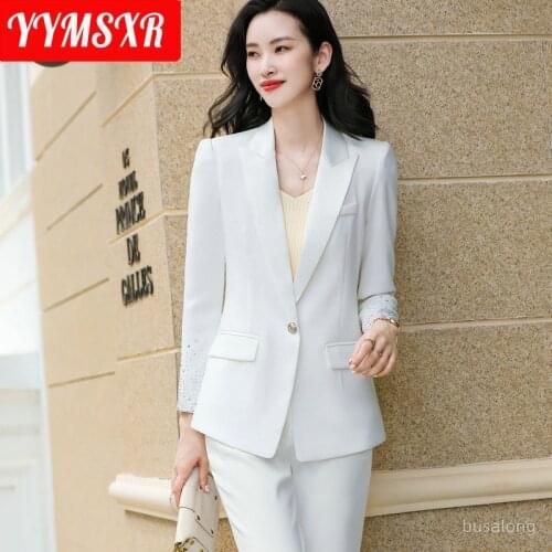 High-end Womens White Suit Pants Two-piece 2021 New Style Winter Elegant Long-sleeved Ladies Office Jacket High-waist Trousers