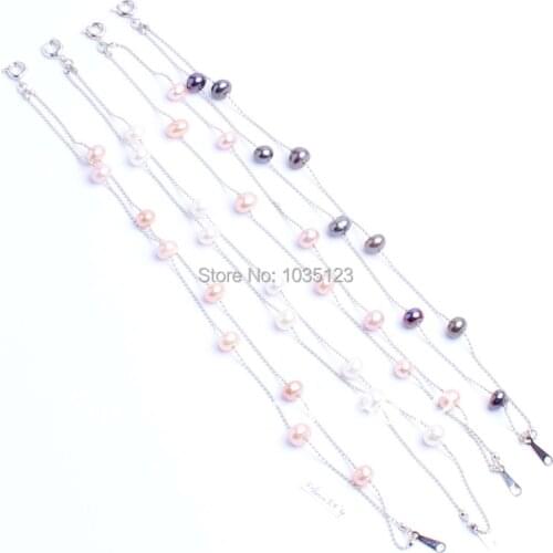High Quality 5x7mm Pretty Fashion Natural Freshwater Pearl Alloy Frame Frame Bracelet 7.5" Optional Color Free Shipping wj10