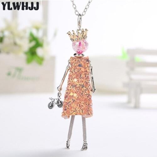 YLWHJJ brand 2018 new women Crown Golden doll dress maxi necklace crystal girls pendant baby handmade cute fashion hot jewelry