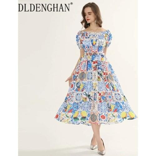 DLDENGHAN Vintage Porcelain Print Midi Dress Womens Puff Sleeve Slash Neck Elastic Waist Dresses Designer New Custom 2XL-5XL