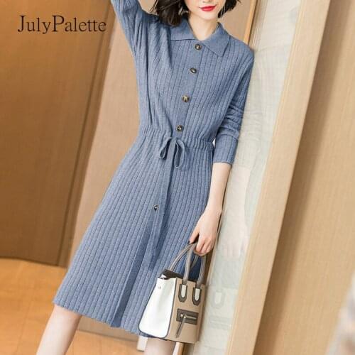 JulyPalette 2021 Autumn Winter Doll Collar Lace-up Women Knitted Dress Korean Casual Female Long Sleeve Knit Sweater Dress Solid