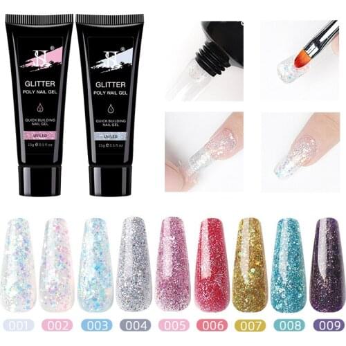 15ml Glitter Poly Nail Gel Extension Gel Polish All For Manicure Poly Builder Gel Semi Permanent Soak Off Nail Art