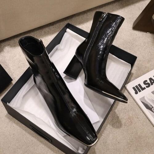 2020 Winter New Elegant Women Thick High Heels Ankle Boots Lady Beige Heels Chelsea Boots Square Toe Patent Leather Boots Shoes