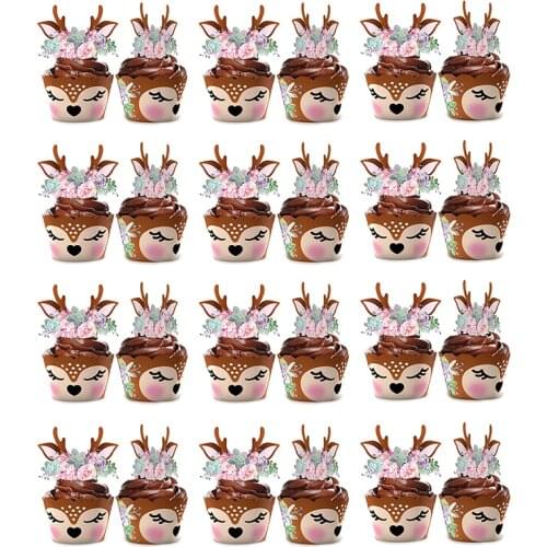 24sets Cartoon Deer Border Wrapper Flower Paper Insert Card Toppers Birthday Wedding Christmas New Year Party Cupcake Decor Suit