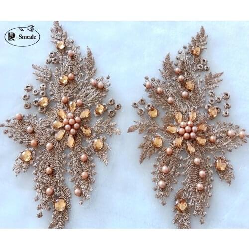 Champagne color handmade beading Stereo lace applique DIY wedding dress applique lace accessories RS686