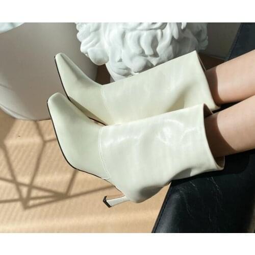 White Black Soft Leather 7 CM Thin Heels Mid-calf Boots Woman Square Toe Fold Slip On Loose Pants Short Boots Booties Shoes