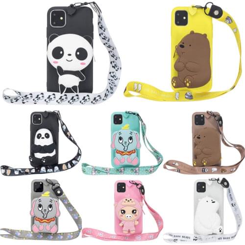 For iPhone 11 Pro Mobile Phone Cover Bear elephant wallet Silicone Case With Strap For iPhone 6 7 8 XR XS MAX 11 TPU Soft Cover