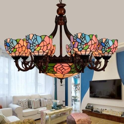 European Retro bird Rose 6 8 heads Living room dining room Chandelier Tiffany Stained glass foyer ParlorPendant Lamps 110-240V