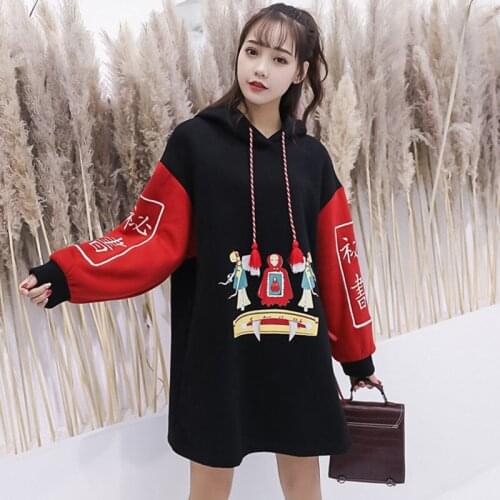 Harajuku Embroidery Lace Up Print Long Sleeve Thick Sweatshirt Dress Warm Loose Casual Vestidos Femme Cute Hoodie Jacket f1635