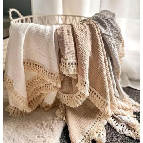 2 Layers Tassel Edge Banded Solid Muslin Cotton Blanket Baby Swaddle Stroller Cover Newborn Bath Towel Receiving Blanket