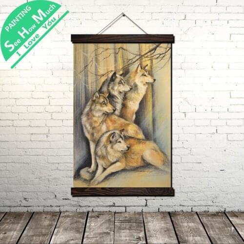 Four Wolf Look into Scroll Painting Canvas Vintage Poster and Print Wall Art Pictures Living Room Bedroom Farmhouse Decoration