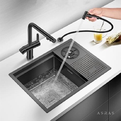 ASRAS 5338NX SUS304 Black Nano kitchen Sink With High-Pressure Automatic Cup Rinser Coffee Shop Wine Bar basin sink with faucet