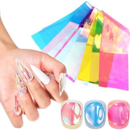MTSSII 8pcs/pack Aurora Nails Glass Foil Film Sticker Broken Transfer Paper Cellophane Laser Paper Ice Cube Manicure DIY Decal