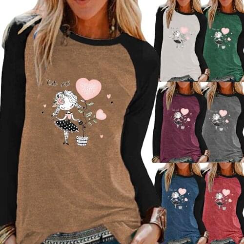 Autumn Ladies Casual Long Sleeve Shirt Top Fashion Round Neck Loose Cartoon Print Womens T-shirt Sweatshirt XS-5XL