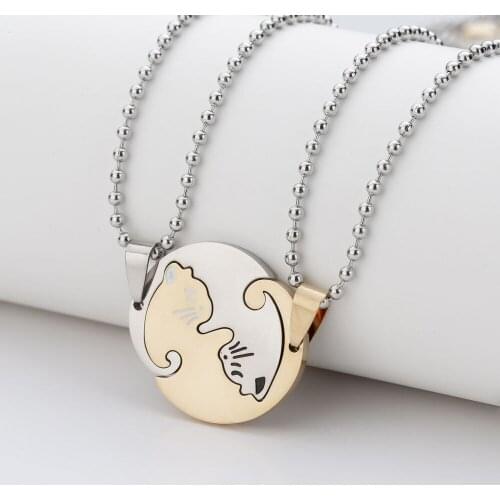 1 Set Couple Cat Pendant Charm Necklace Women Men Girl Gift Jewelry Stainless Steel Set Blue Gold Black Cololr Wholesale Supply