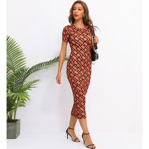 Fridayin Print Sexy Ladies Fashion Casual Geometric Graphic Print Slim Stretch Hip Midi Dress Short Sleeve O-Neck Vestidos
