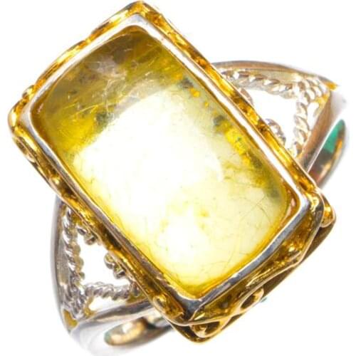 Natural Amber 14K Gold Plated Opening Handmade 925 Sterling Silver Ring 9.75 D1368