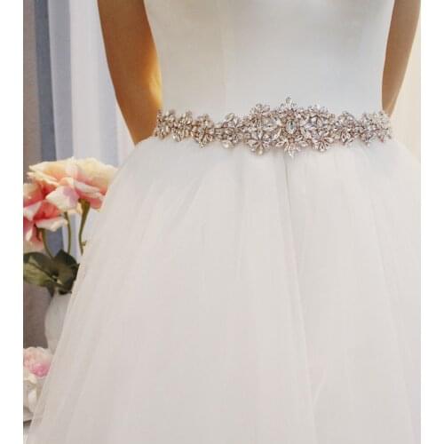 SLBRIDAL Rose Gold Crystal Wedding Belt Satin Rhinestones Evening Prom Dress Belt Bridal Ribbon Sash Women Wedding Accessories