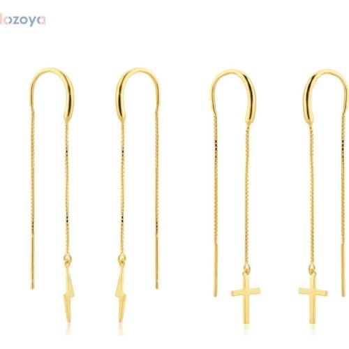 Lozoya 925 Sterling Silver Long Spike Piercing Gold Chain Lighting Cross Thread Earring Pendientes Largos Cruz Rayo Jewelry