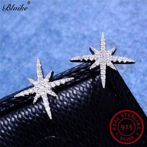 Solid s925 Sterling Silver Snowflake Stud Earrings For Women White crystal Stone Double Earrings Bridal Wedding Fine Jewelry