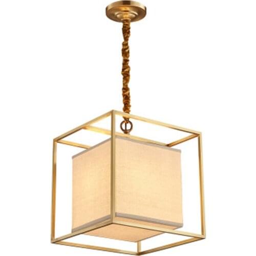 European American golden square cube copper brass LED pendant lamp light fabric square frame modern LED hanging chain light lamp