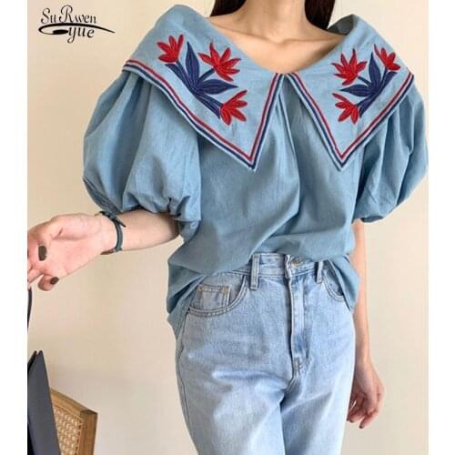 Autumn New 2021 Hot Lantern Sleeve Loose Denim Shirt Vintage Ethnic Style Flower Embroidey Blouses Women Femme Tops Blusas 15433