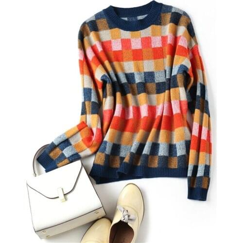 European and American womens wear 2020 winter new style Long - sleeved round - neck colored plaid fashion knit sweater