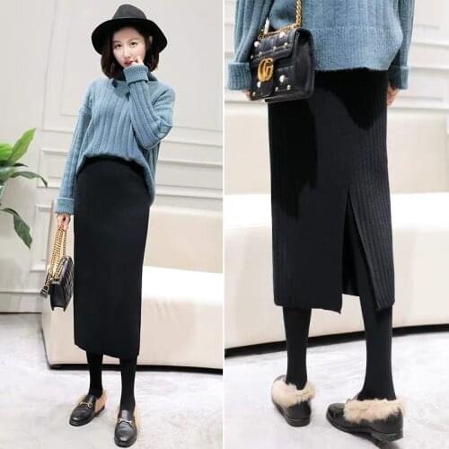 Midi Black Grey Knit Skirts Hip Package Empire Bodycon Wrap Skirt Women Fall Winter New Thermal Casual Wool Long Skirts Feminine