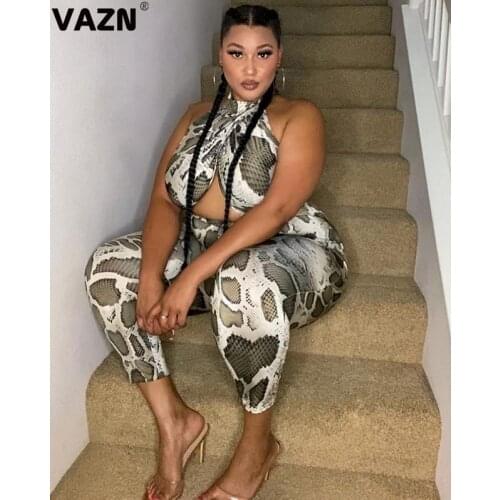 VAZN Plus Size 2020 Bandage Snake Print V-neck Solid Rompers Womens Jumpsuit Sexy Fashion Sleeveless Shinny Long Pant Jumpsuits