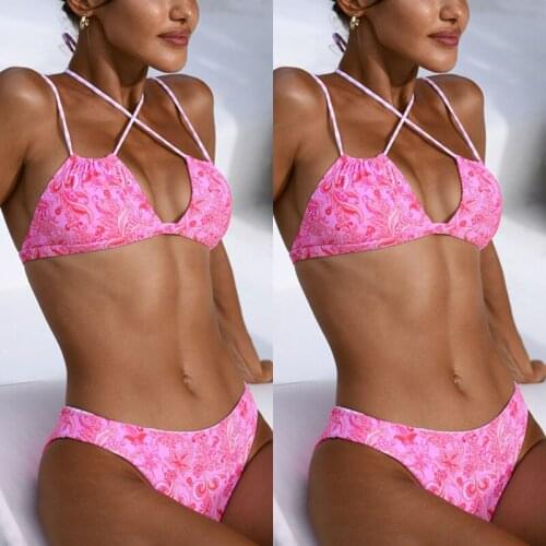 Womens Swimsuit 2021 New Cashew Flower Popular Element Print Sexy Bikini High Waist Breast Support Cross Strap Split Swimsuit