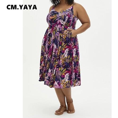 CM.YAYA Women Plus Size Dress Print Sleeveless Strap V-neck Stretchy Loose Knee Length Dresses Sexy Fashion Vestidos Summer 2021