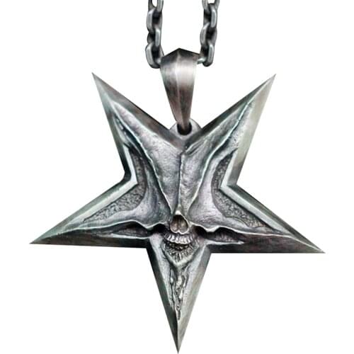 Baphomet Jewelry Demon Chaos Star Skull Pendant Ancient Silver Color Mens Satanic Satan Inverted Pentagram Necklaces