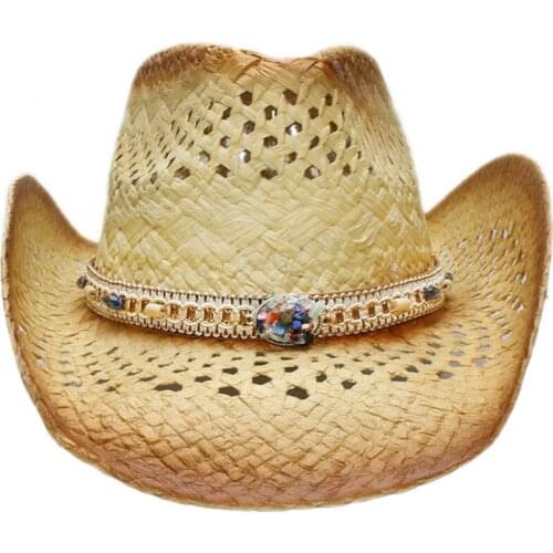 Beige Unisex Raffia Straw Bohemia Style Hollow-out Wide Brim Beach Cowboy Cowgirl Western Hat Spall Stone Knitted Band (58cm)