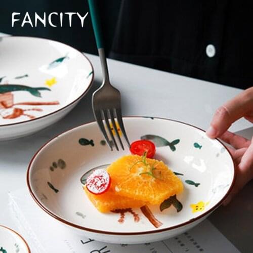 FANCITY Nordic style creative ceramic tableware household Japanese hand-painted deep plate fish plate soup plate flat plate