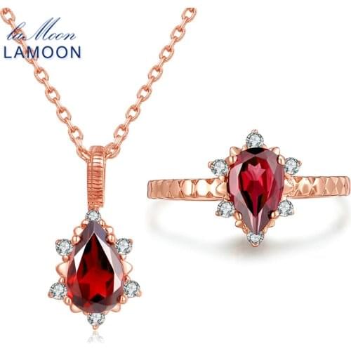 LAMOON 5x7mm 1ct 100% Natural Red Garnet Pyrope 925 Sterling Silver Jewelry S925 Jewelry Set WTDP V032-1
