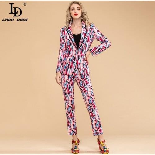 LD LINDA DELLA Autumn Fashion Coat Two Piece Sets Womens Designer Runway Gorgeous Streetwear Chic Print Jacket＋Slim Pants Suits
