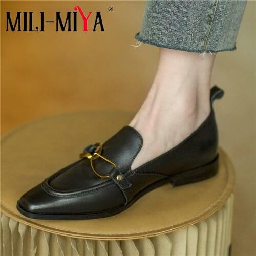 MILI-MIYA Casual Women Cow Leather Flats Slip On Round Toe Solid Color Spring Autumn Comfortable Street Shoes For Ladies