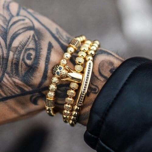 Fashion adjustable copper crown skull bracelet 3pcs/set Royal men bracelets jewellery for pulsera hombre armband accessories