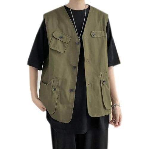Mens Fashions Korean Style Tooling Vest Men Streetwear Hip Hop Sleeveless Jacket Military Multi-Pocket Outdoors Tactical Coat