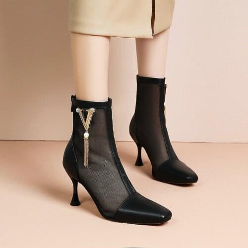 Genuine Leather High Heels Mesh Boots Woman Fashion Sandals Boots Women Summer Heels Pointed Toe Shoes for Female Size 42 43