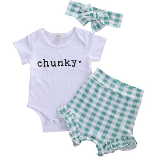 0-24M Baby Girl’s Clothe, Fresh Letter Short Sleeve Jumpsuit Plaid Shorts Pants with Headband 3PCS Outfit