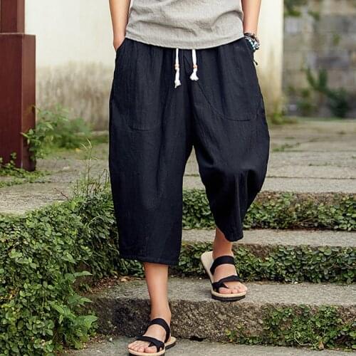 Solid Color Cotton Linen Wide Leg Pants Men Summer Beach Calf-Length Mid Waist Drawstring Loose Thin Casual Pants Large Size 4XL